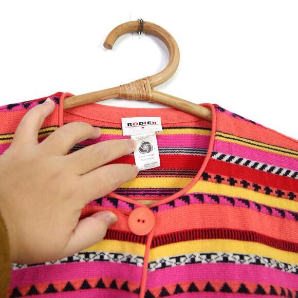 Vintage 90s Rodier pink orange yellow geometric striped open front cardigan OS - Picture 5 of 7